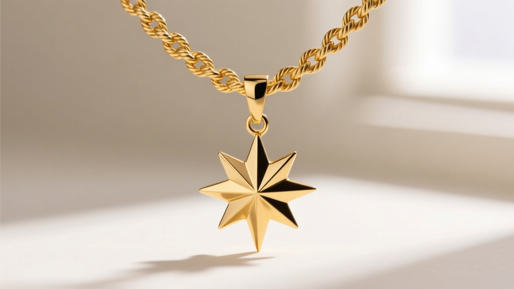 A 1.2mm 18k gold rope chain threading through hidden integrated bail of starburst pendant, showing link weave texture clearly.