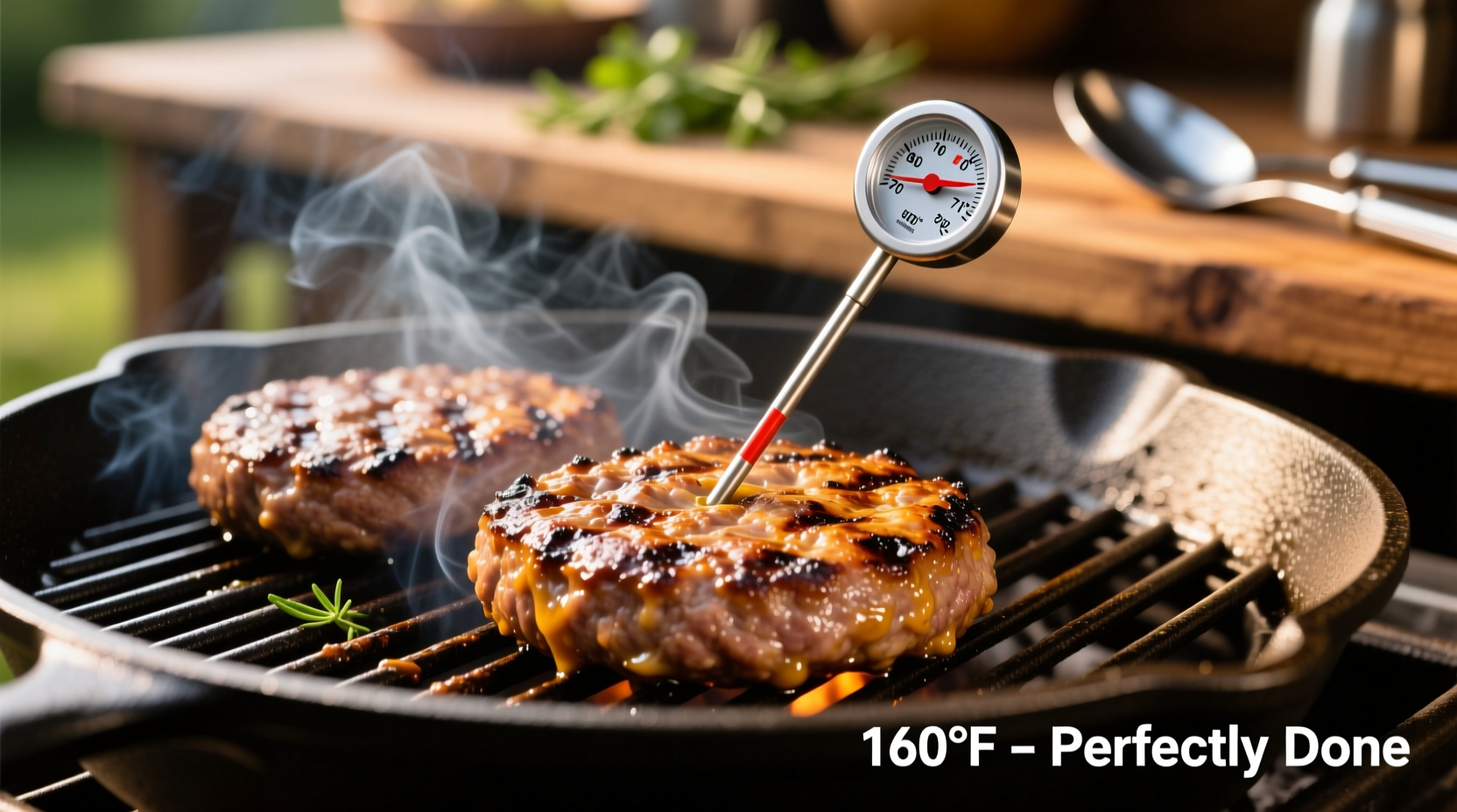 Perfectly cooked hamburger patties on grill with thermometer