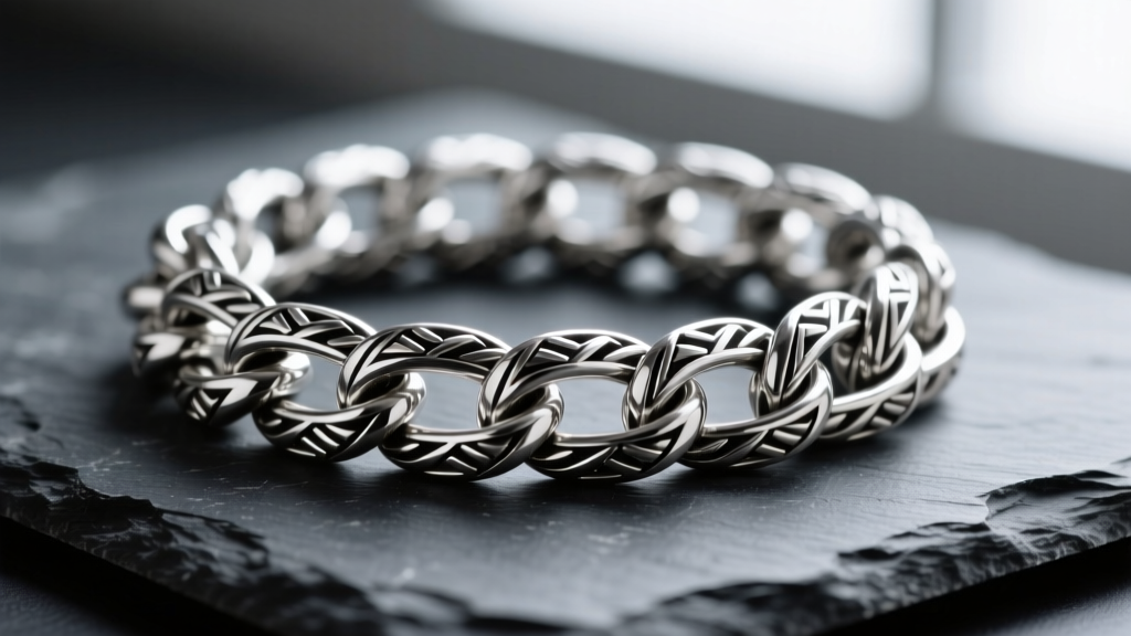 Macro photo of heavy-gauge sterling silver Byzantine chain links on dark slate, highlighting oxidized crevices and polished edges
