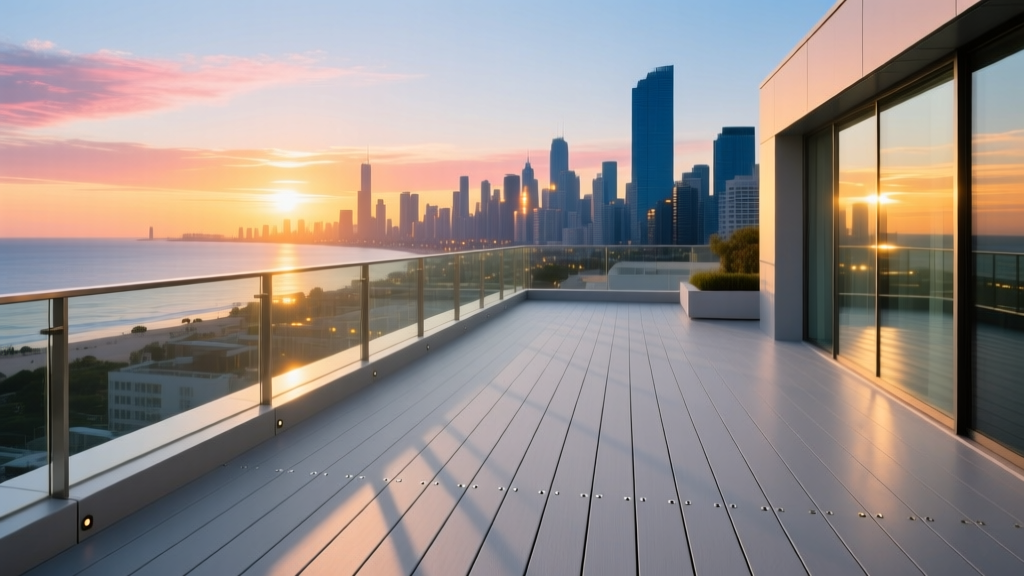 Modern rooftop deck featuring light gray PVC decking boards with hidden fasteners, overlooking a coastal cityscape at sunset with glass railings