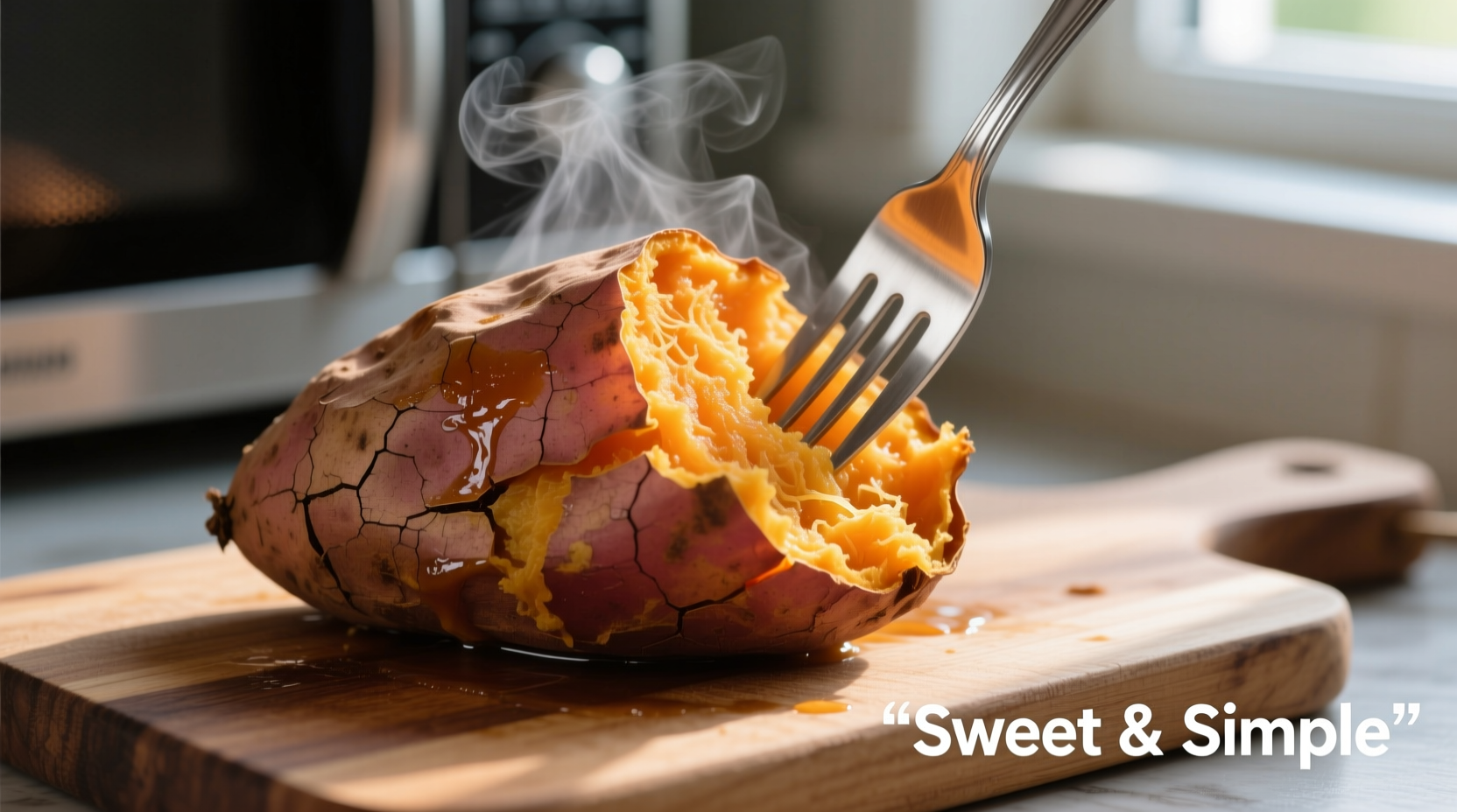 Microwave-cooked sweet potato with fork showing tender interior