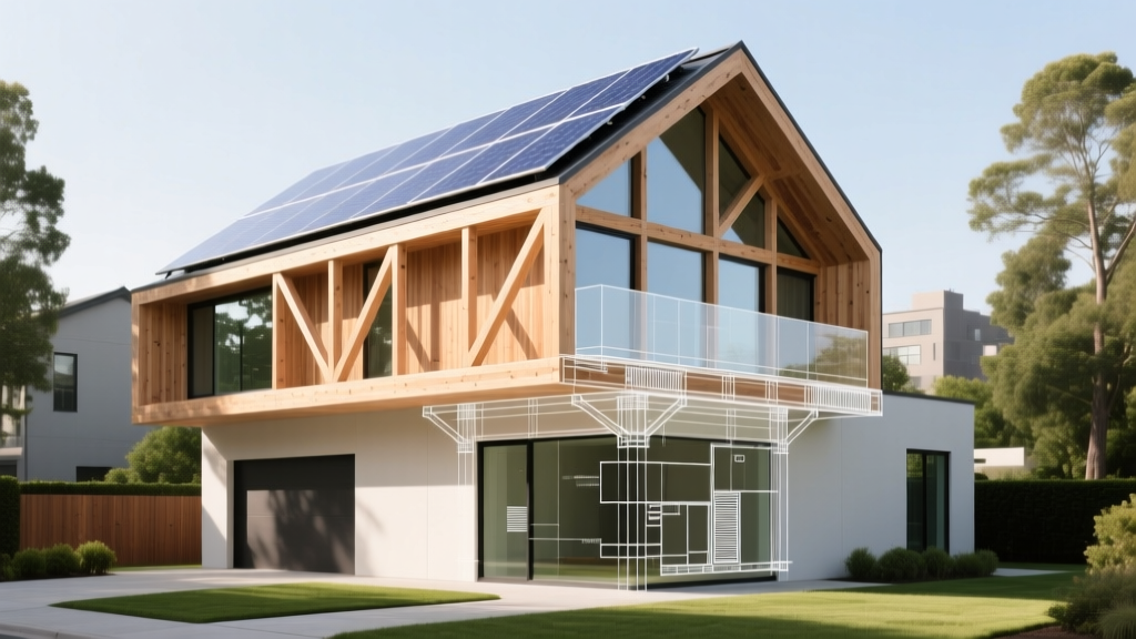 Architectural blueprint overlaying a modern sustainable second-story addition framed with cross-laminated timber and solar panels