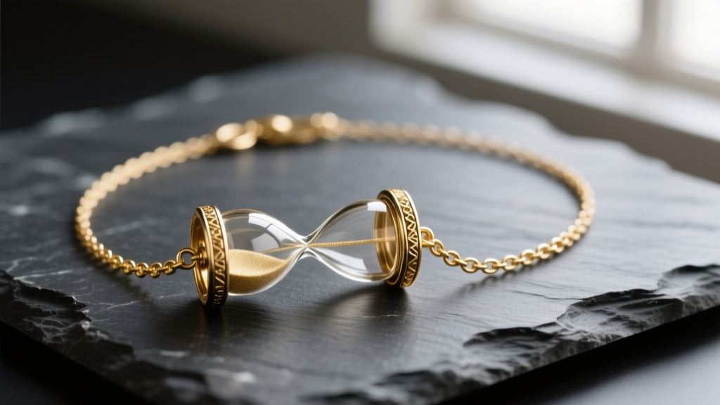 Macro shot of a gold vermeil hourglass necklace on dark slate, soft lighting highlighting the delicate glass vial and fine chain.
