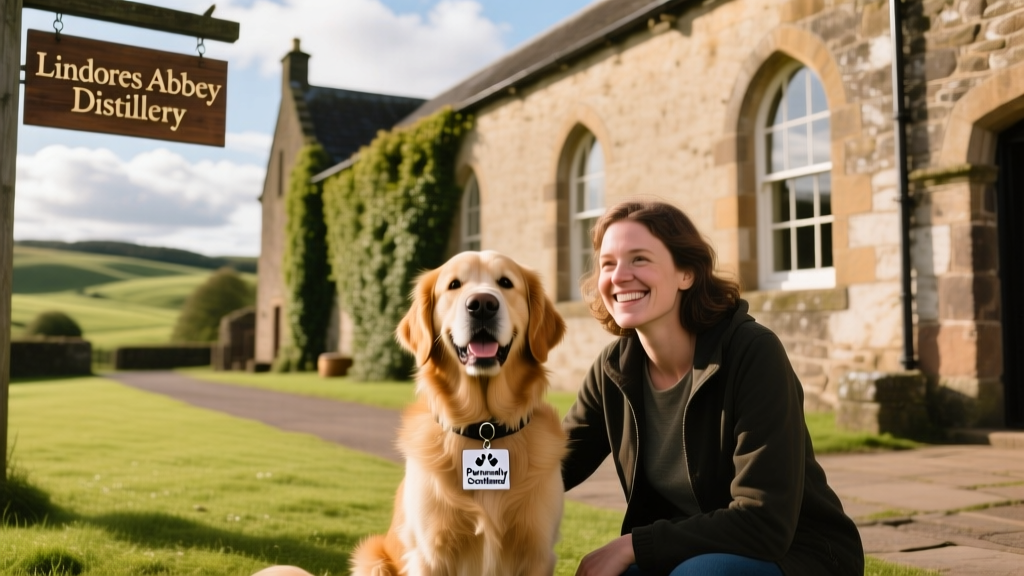 Lindores Abbey Distillery exterior with a friendly dog sitting beside a visitor on a guided tour