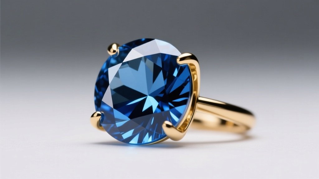 Macro shot of a Swiss blue topaz gemstone in an 18k gold prong setting, showing deep blue saturation under soft studio lighting