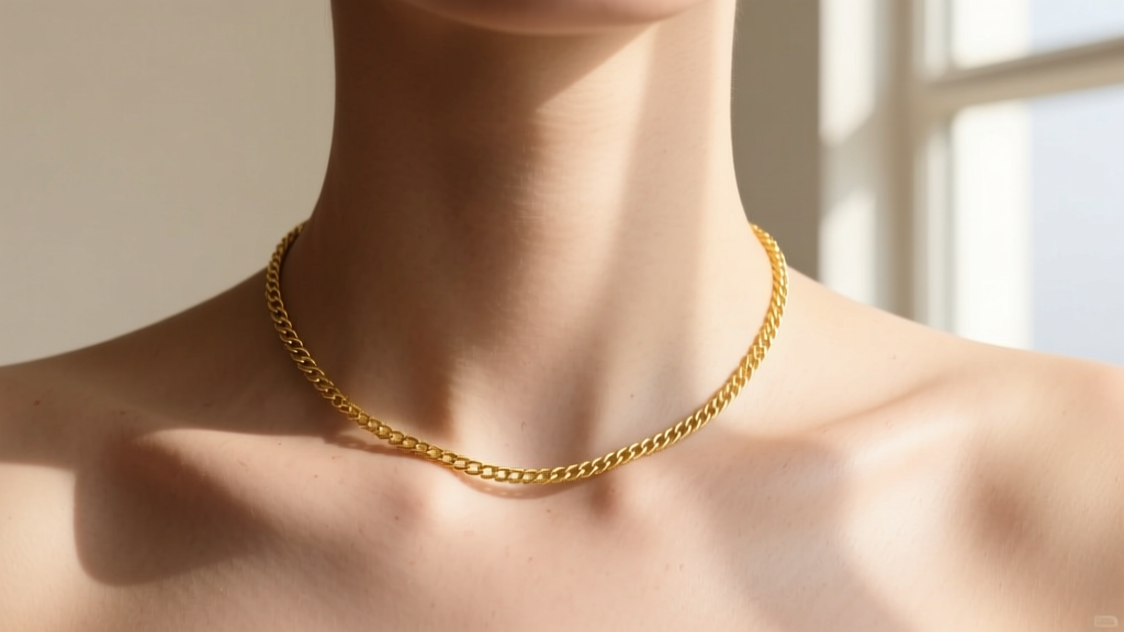 Delicate 14k yellow gold 0.9mm cable chain resting on a collarbone, highlighting ultra-thin links in soft natural sunlight