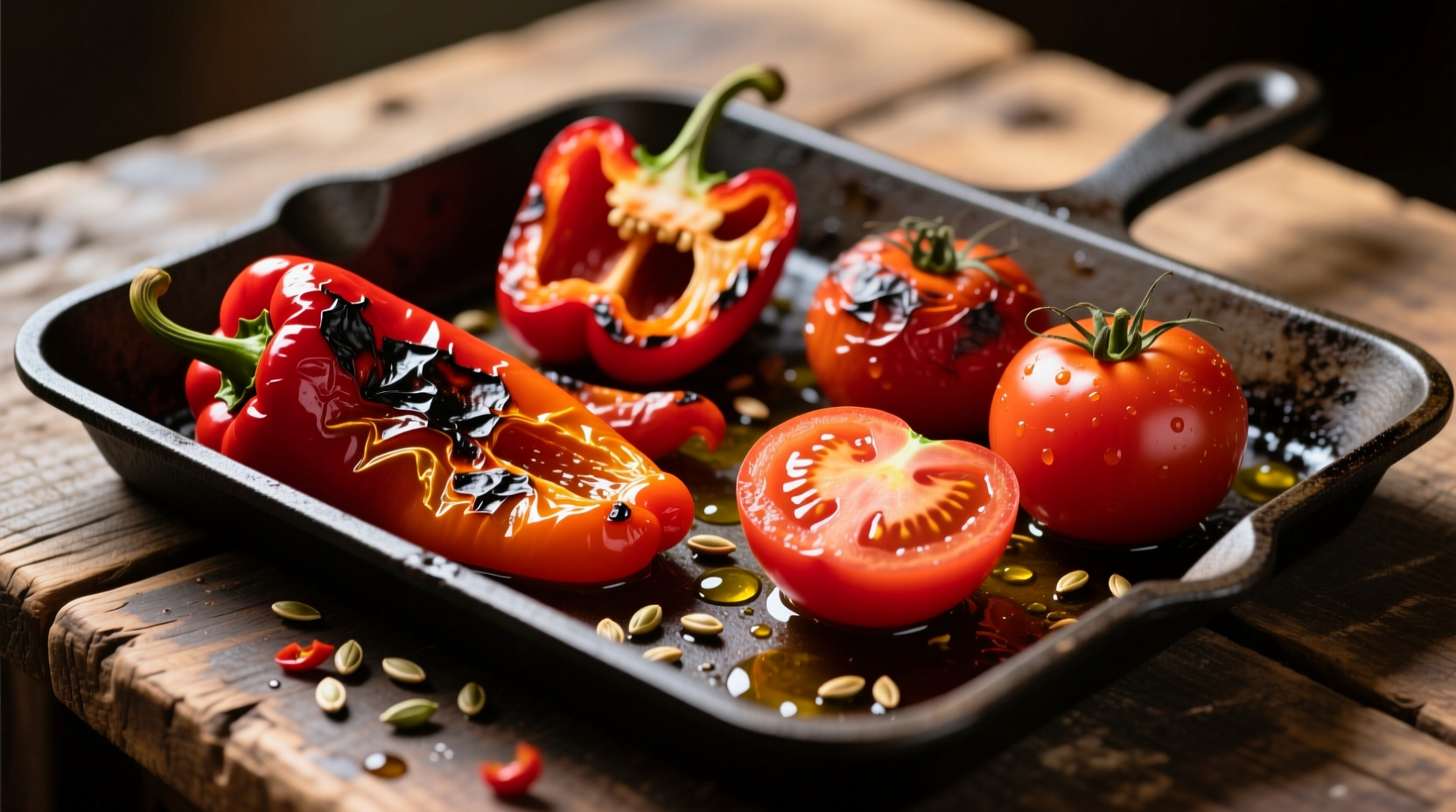 Roasted red peppers and tomatoes on baking sheet
