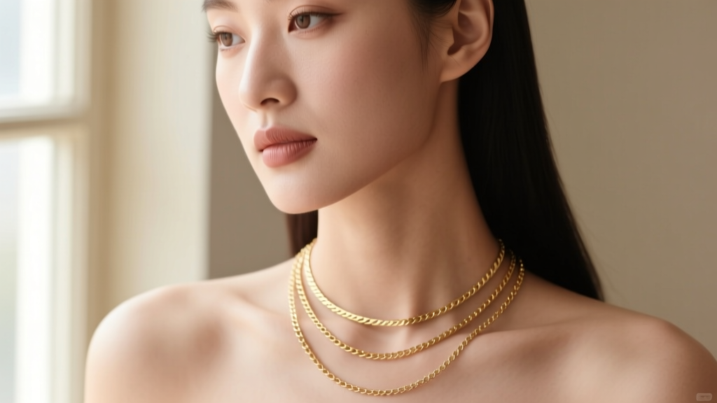Close-up of a woman wearing a three tier necklace, showing clear spacing between a 16-inch, 18-inch and 20-inch chain
