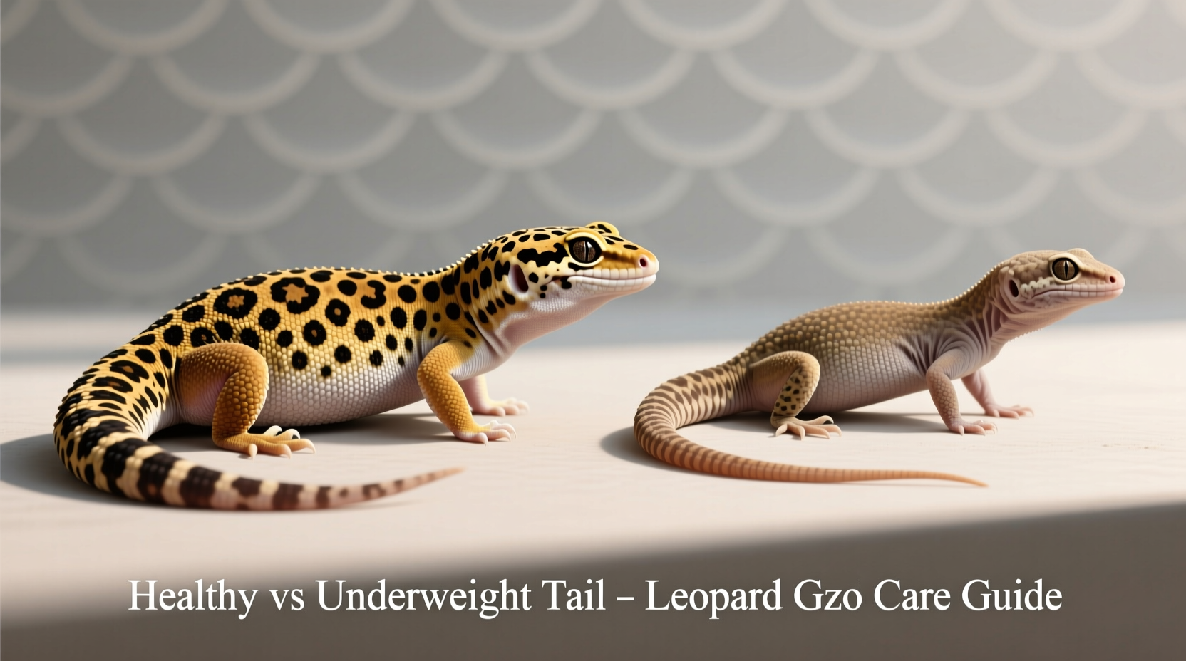 Leopard gecko showing healthy versus underweight tail comparison