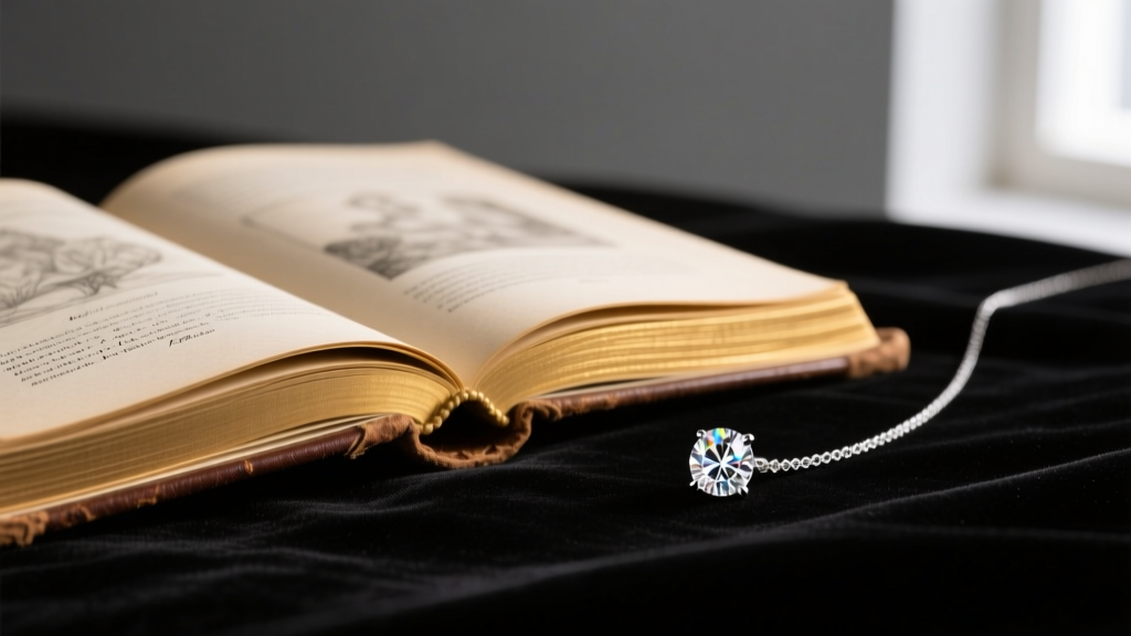 Vintage open book on dark velvet beside a sparkling one-carat diamond solitaire pendant necklace under soft warm light