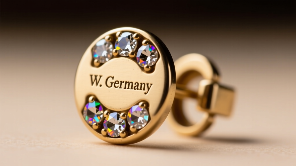 Macro shot of a vintage West German rhinestone clip-on earring back showing the W. Germany hallmark stamped clearly into brass.