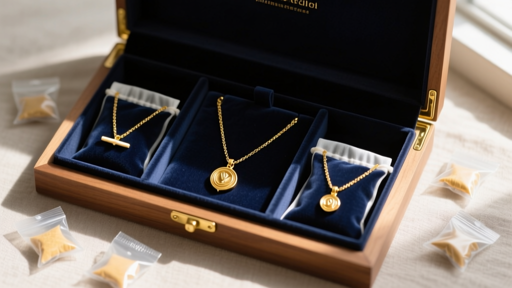 Gold vermeil match necklace set stored in anti-tarnish bags inside a lined wooden box alongside small silica gel packets
