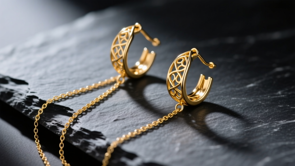 Close-up of delicate 14k gold dangling chain earrings resting on dark slate, illuminated by soft directional studio lighting.