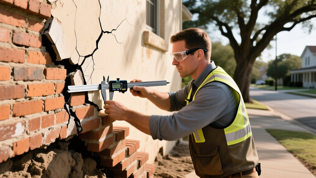 Engineer measuring a stair-step brick fracture with calipers on a San Antonio home exterior experiencing foundation settlement.