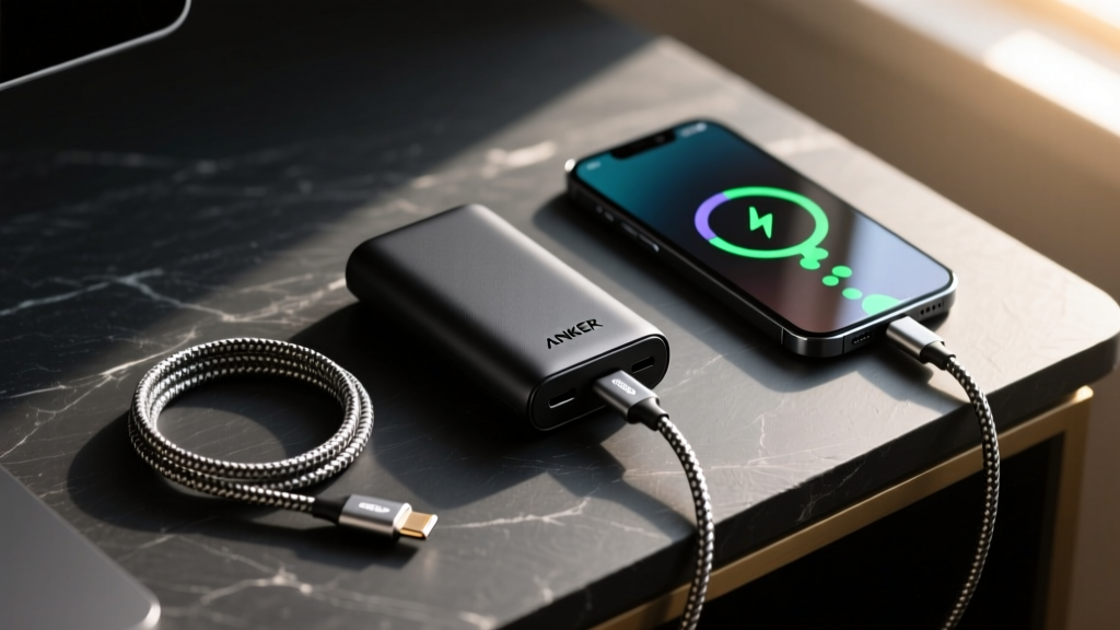 Flat lay of matte black Anker Prime power bank, braided USB-C cables, and a smartphone on a dark slate desk illuminated by warm morning sunlight