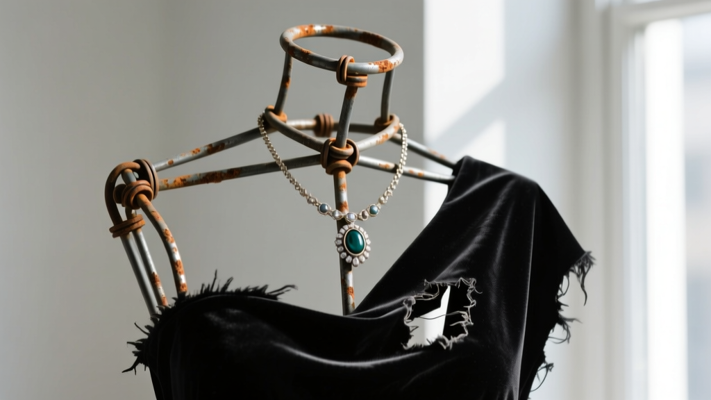 Close-up of a budget jewelry display bust wire armature showing rust spots and bent supports beneath torn black velvet fabric