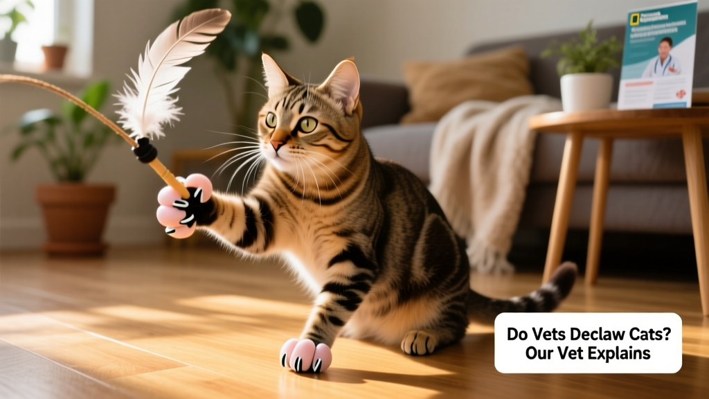 Cat wearing soft vinyl nail caps while playing with a feather wand toy