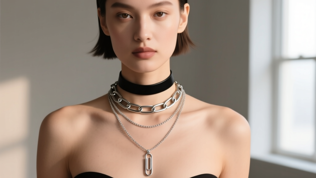 Model wearing three layered necklaces, featuring a 16-inch silver paper clip chain paired with a choker and a long pendant chain.