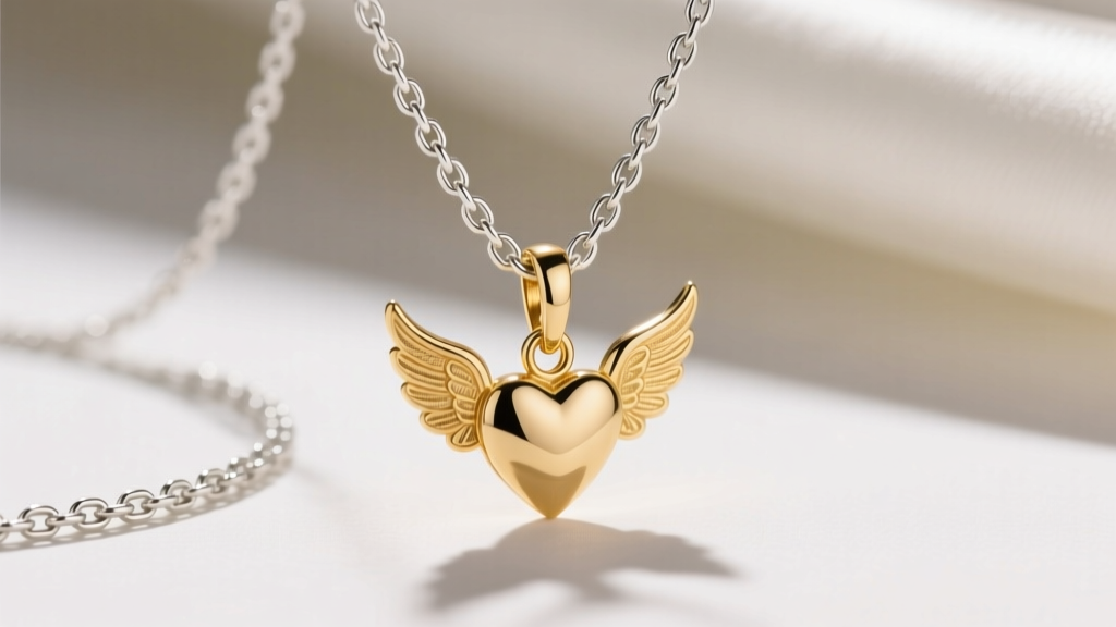 Close-up of a 0.9mm sterling silver box chain threading through the hidden bail of a delicate gold angel wing and heart pendant