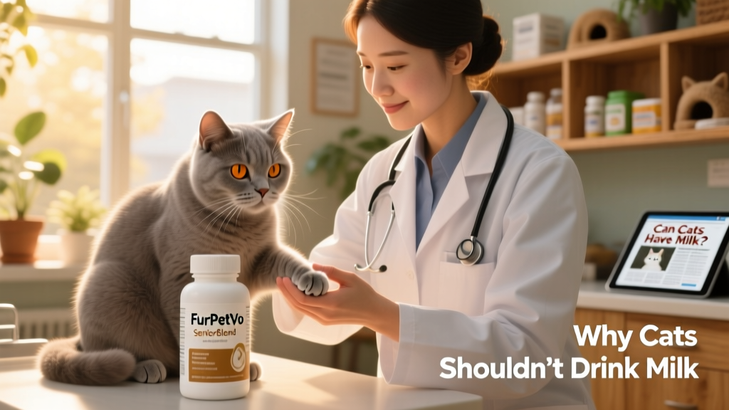 Veterinarian gently examining a cat while holding a bottle of FurPetVo SeniorBlend