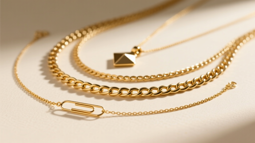Flat lay of three layered gold necklaces featuring a delicate paperclip choker, a mid-length figaro chain, and a long pendant.