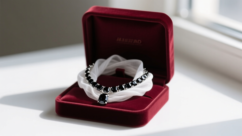 Black spinel necklace coiled in a velvet jewelry box, wrapped in an anti-tarnish cloth to prevent sterling silver oxidation.