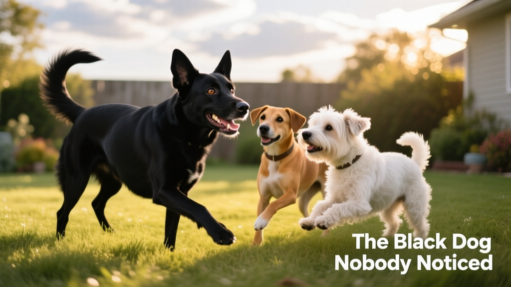 Vinny playing gently with two other dogs in a grassy backyard, tail wagging, expression joyful and relaxed