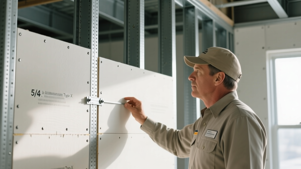 Building inspector examining a 5/8-inch Type X gypsum board sheet secured to steel framing in a commercial shaftwall enclosure