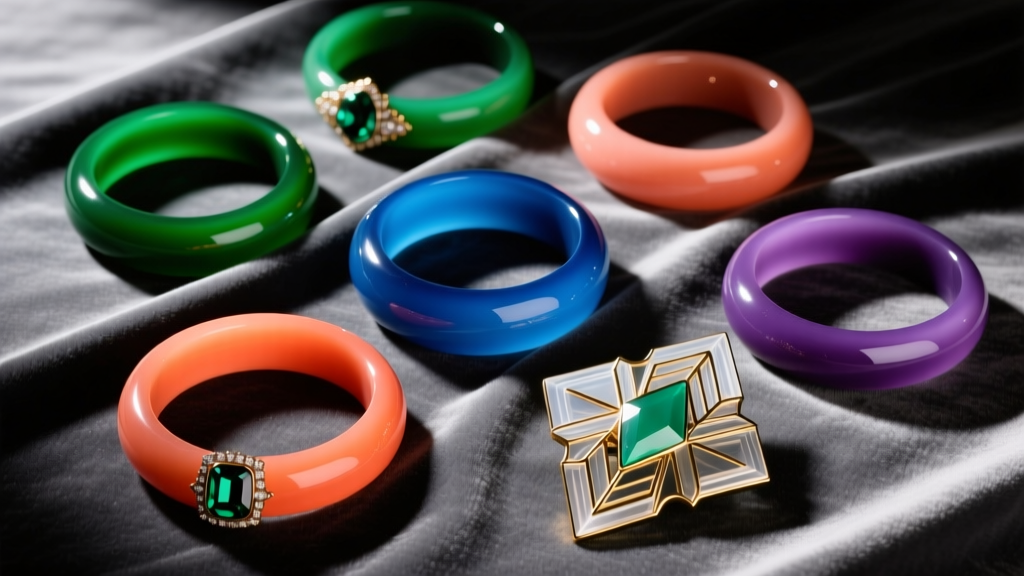 Flat lay of colorful 1930s Bakelite bangles and carved Lucite brooches on grey velvet cloth under warm, diffused studio lighting.