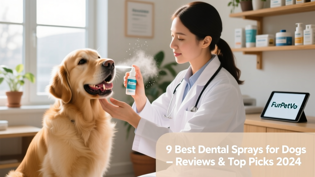 A veterinarian demonstrating proper technique for applying FurPetVo dental spray to a calm, seated dog's upper and lower gums