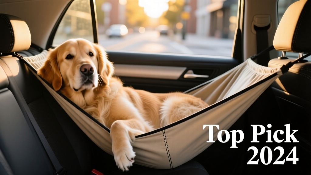 Dog sitting comfortably in a car hammock, head resting on the edge of the back seat