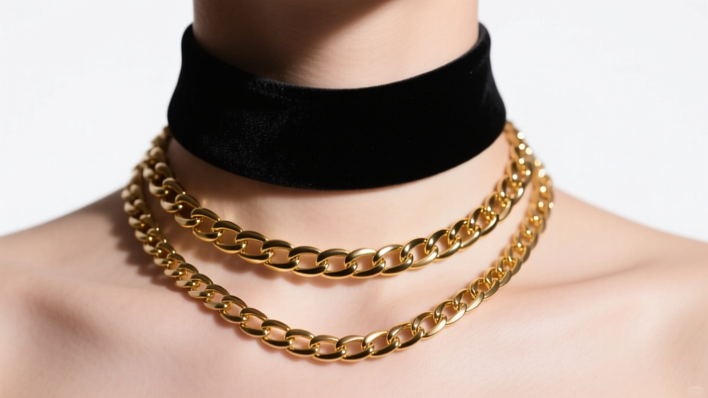 Close-up of a layered 14-inch black velvet choker and an 18-inch gold box chain on a collarbone, soft studio lighting
