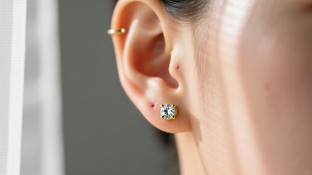 Close-up of a fresh earlobe piercing with a 14k gold bezel diamond stud earring, illuminated by soft, warm, natural window light.