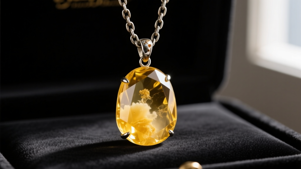 Close-up of a cloudy yellow citrine pendant on a tarnished silver chain resting on a dark velvet jeweler's inspection pad.