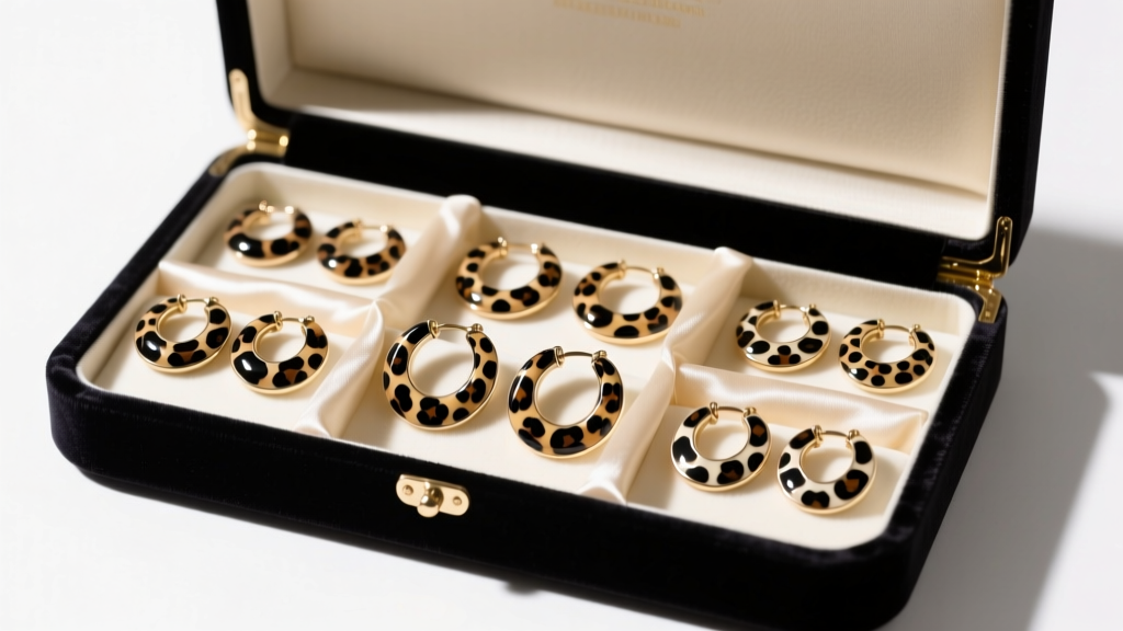 Velvet jewelry box holding leopard print resin and enamel hoops, separated by soft fabric dividers to prevent surface scratches