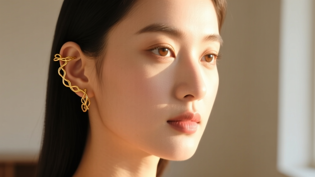 Close-up portrait of a woman wearing delicate 18-gauge gold vine ear cuffs wrapping around her upper cartilage in warm sunlight.