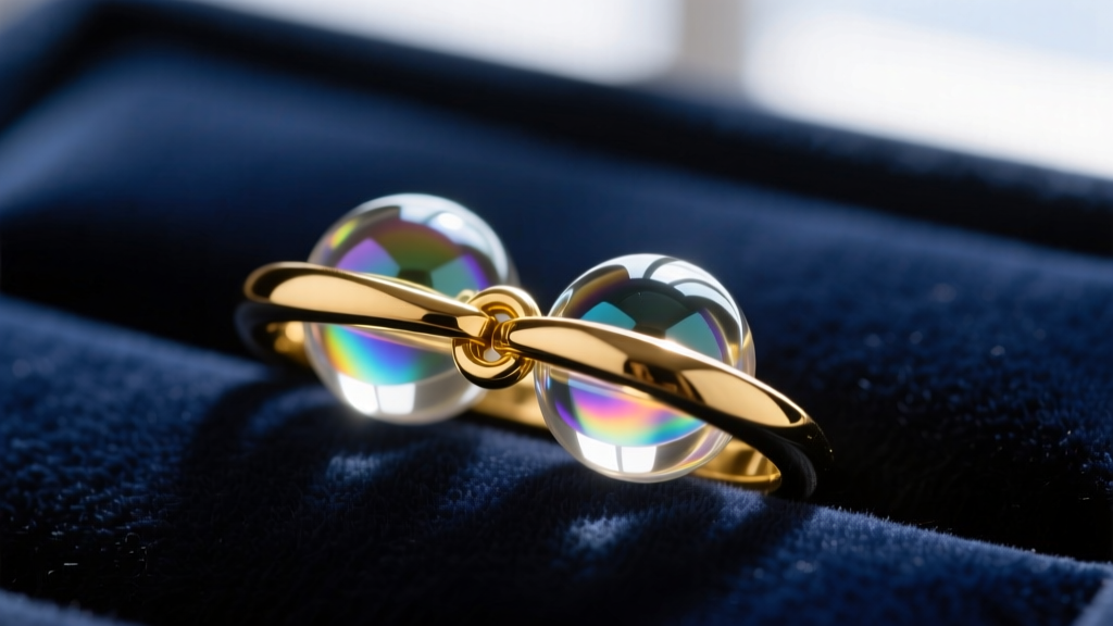 Close-up of a gold clasp connecting 8mm glass bubble beads, showing secure crimp placement against a dark velvet jewelry backdrop