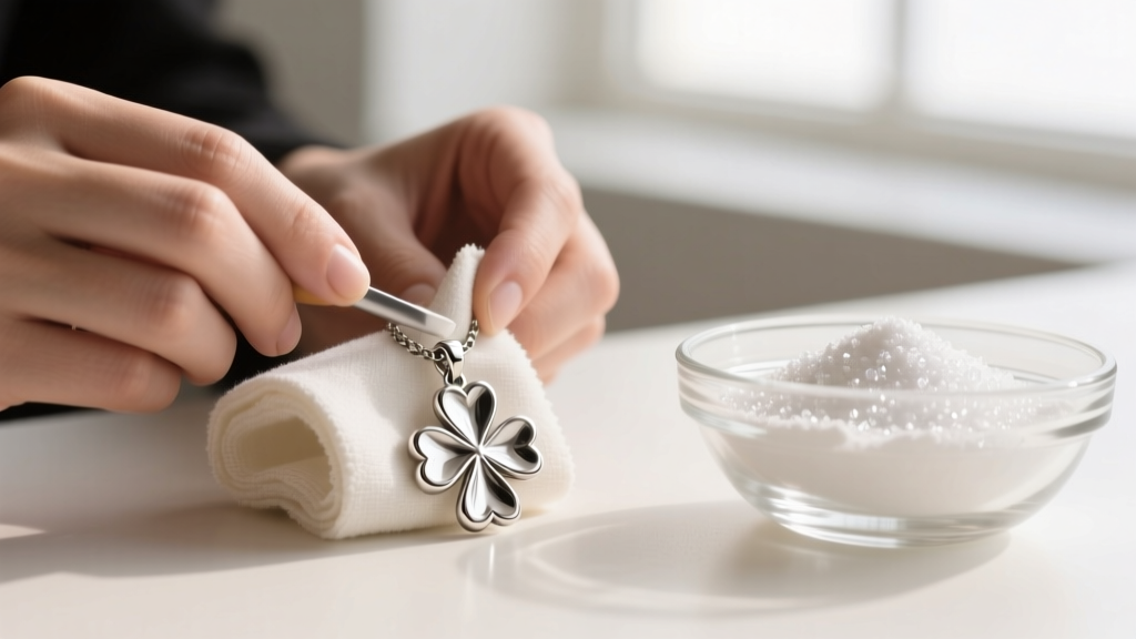 Hands polishing a tarnished sterling silver 4 leaf clover pendant with a microfiber cloth next to a glass bowl of baking soda