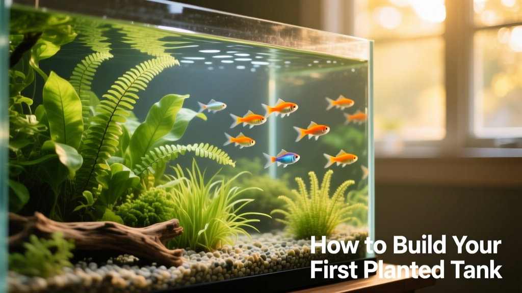 A lush, well-maintained freshwater planted aquarium with vibrant green plants, gentle lighting, and small schooling fish swimming near the foreground