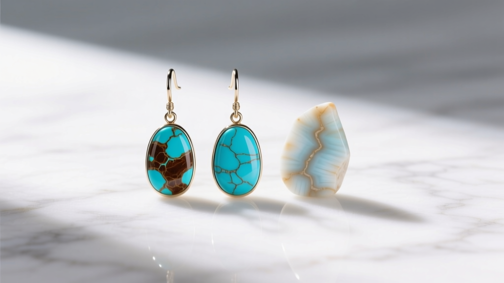 Natural turquoise with brown matrix next to dyed howlite imitation drop earrings on white marble under bright daylight