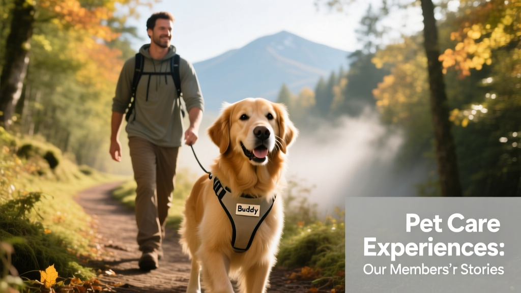 Person hiking with a dog along a scenic trail