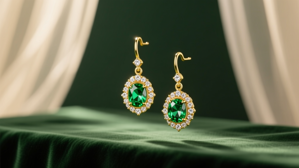 Elegant 18k yellow gold Christmas drop earrings with pavé tsavorite garnets resting on dark green velvet under soft warm lighting