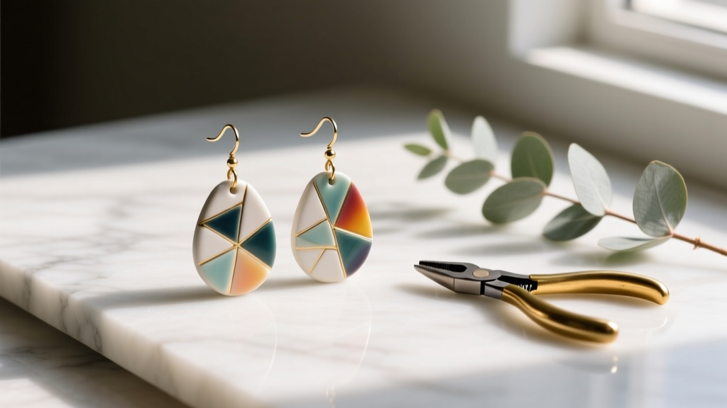 Artisan terrazzo polymer clay dangle earrings on white marble beside small pliers and eucalyptus in warm, soft natural lighting