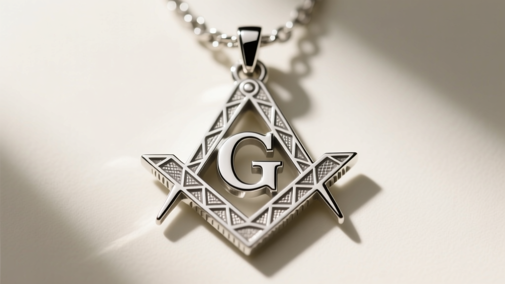 Macro view of a laser-engraved sterling silver Masonic necklace showing precise geometric lines of the letter G and compass hinges