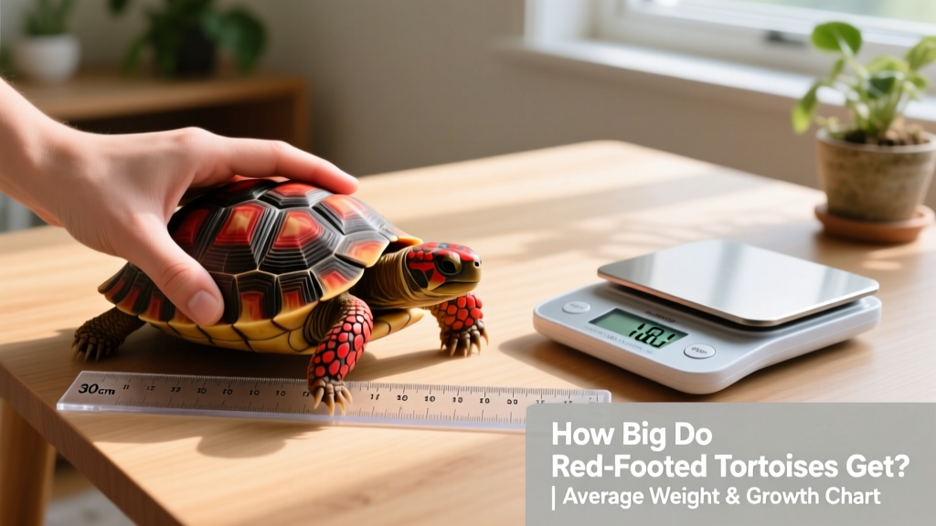 Hand holding a red-footed tortoise next to a ruler and digital scale, demonstrating proper measurement technique