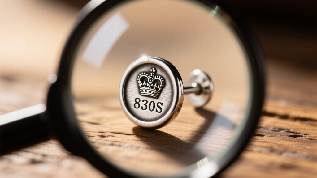 Close-up of a loupe examining the 830S silver hallmark and crown assay mark stamped on a vintage Georg Jensen earring post