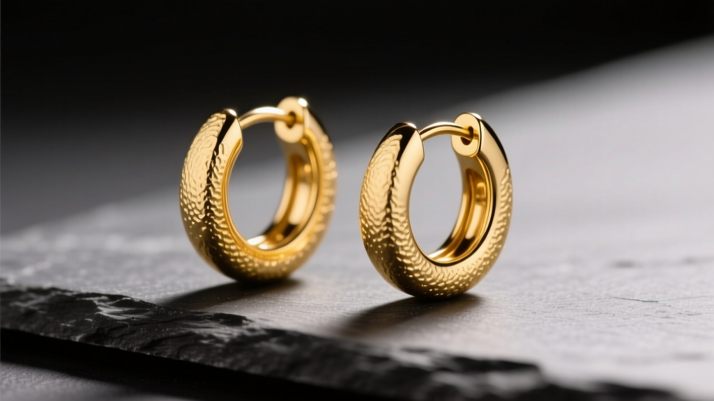 Macro photography of 14k yellow gold huggie earrings with a soft matte butter finish, resting on dark slate, warm studio lighting
