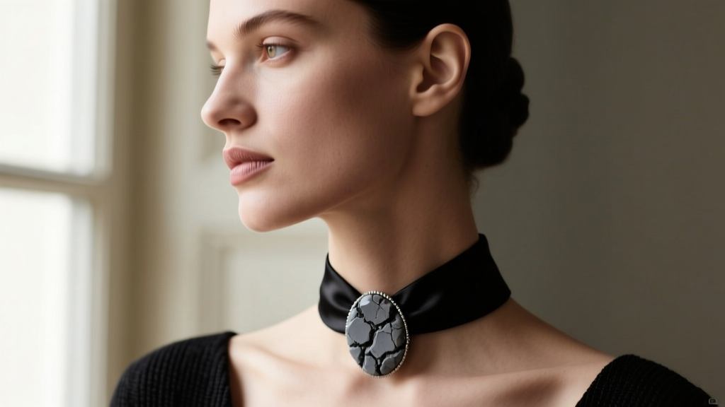 Close up profile of a woman wearing a black silk ribbon cameo necklace choker with a grey lava stone carving against moody lighting