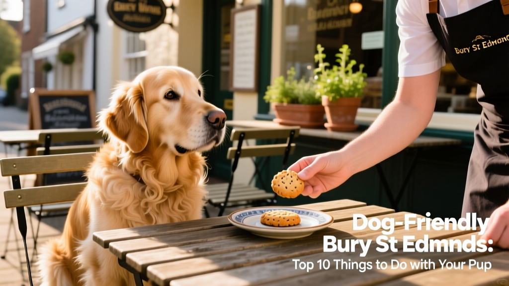 A friendly dog seated beside a table at an outdoor café in Bury St Edmunds, with staff offering a treat