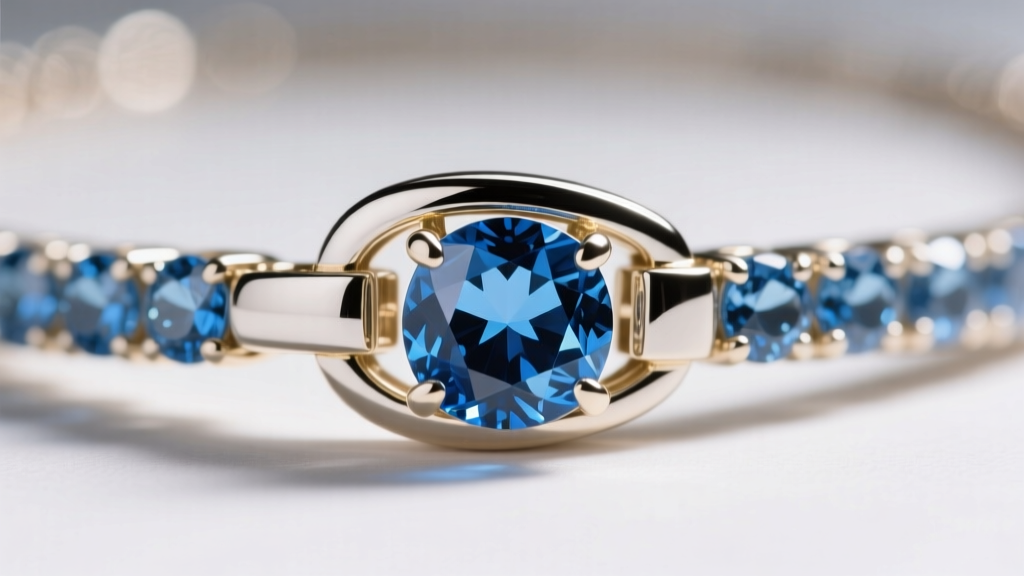 Macro shot of 14k white gold Swiss blue topaz tennis necklace clasp showing a secure fold-over safety catch and alignment.